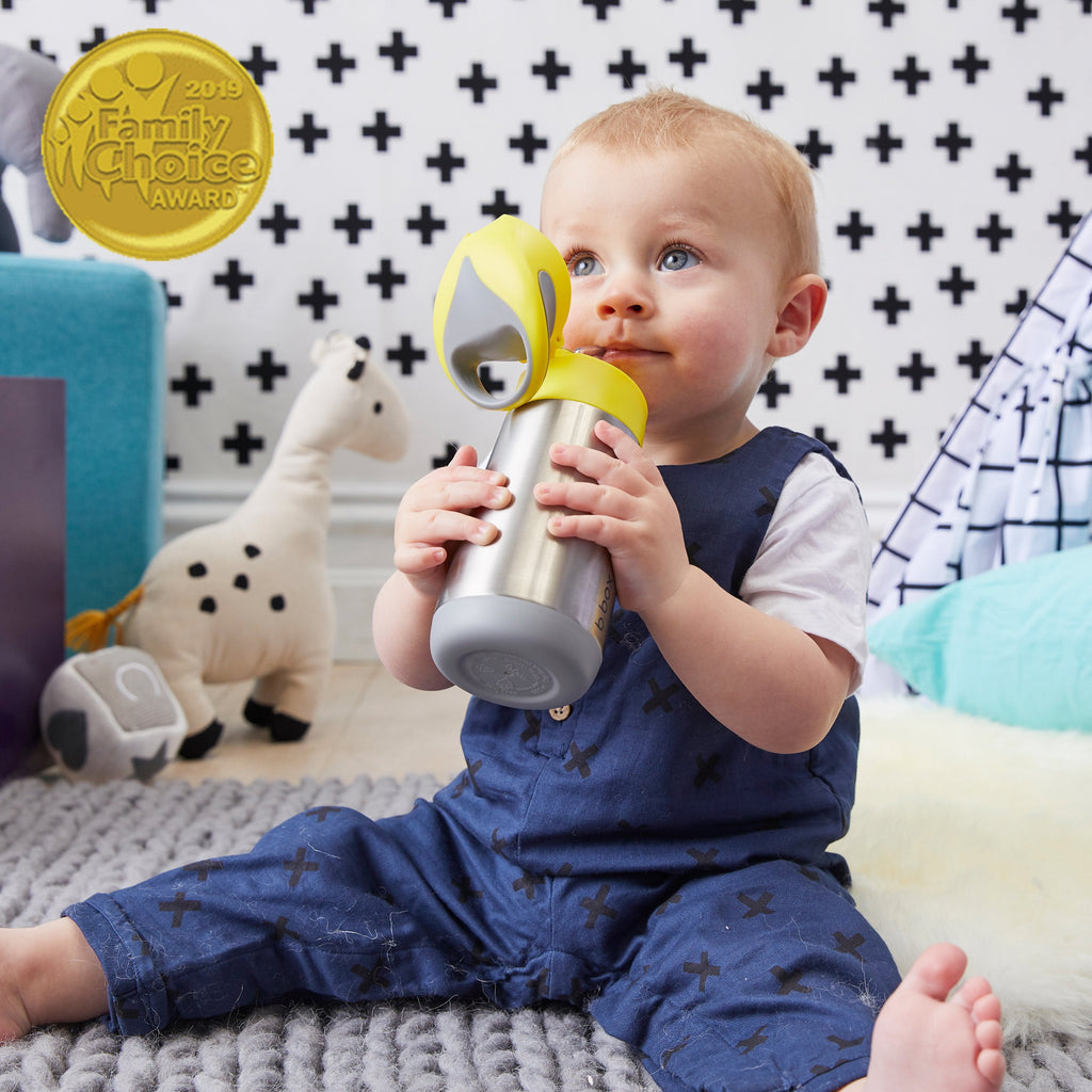 child with insulated drink bottle - blue slate - b.box for kids